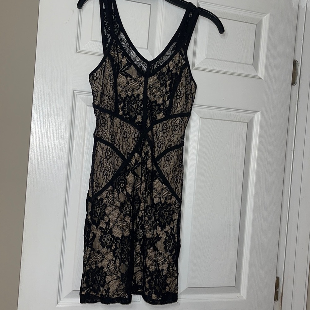 Nude with black lace mini dress